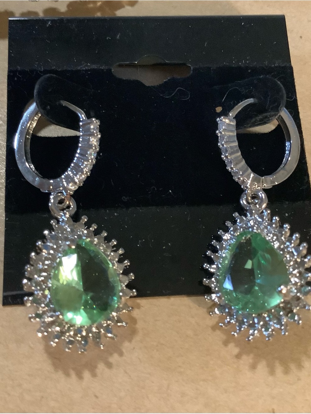 Green Teardrop Crystal Drop Earrings with Silver Halo